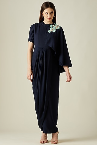 Navy Blue Moss Crepe Draped Dress by Aakaar