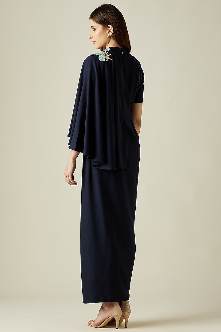 Navy Blue Moss Crepe Draped Summer Dress by Aakaar at Pernia's Pop Up Shop
