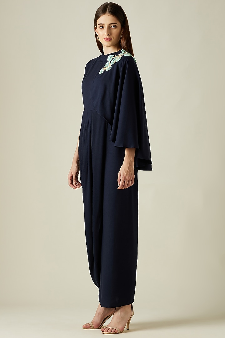 Navy Blue Moss Crepe Draped Summer Dress by Aakaar at Pernia's Pop Up Shop