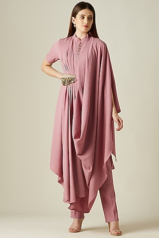 Pink Moss Crepe Draped Tunic Set by Aakaar