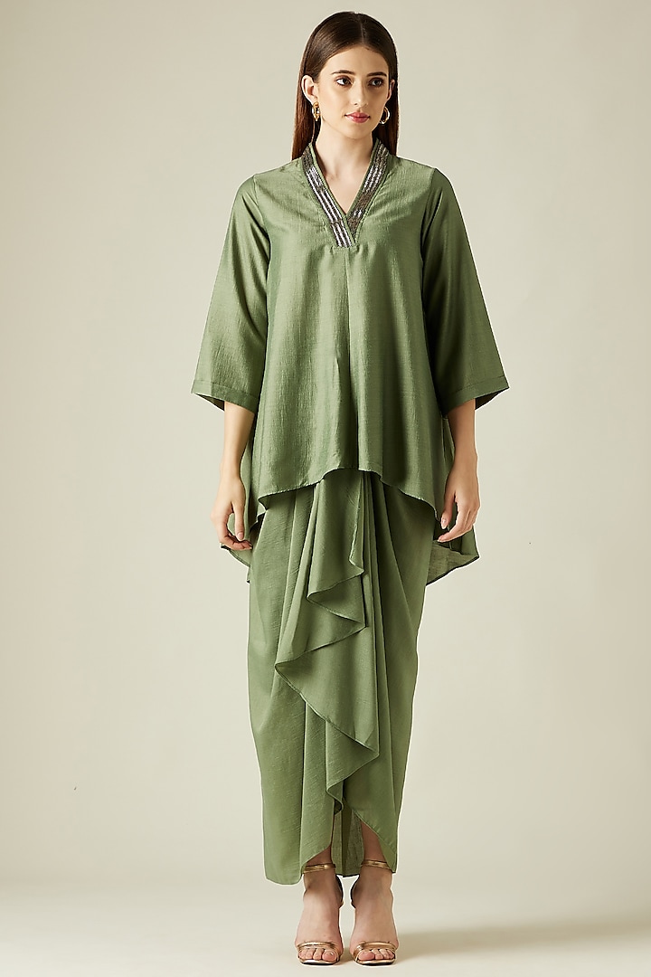 Fern Green Cotton Silk Skirt Set by Aakaar