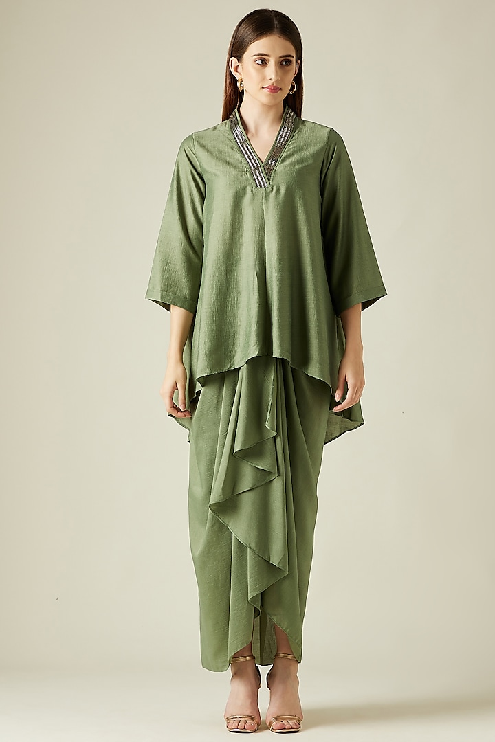 Fern Green Cotton Silk Skirt Set by Aakaar at Pernia's Pop Up Shop