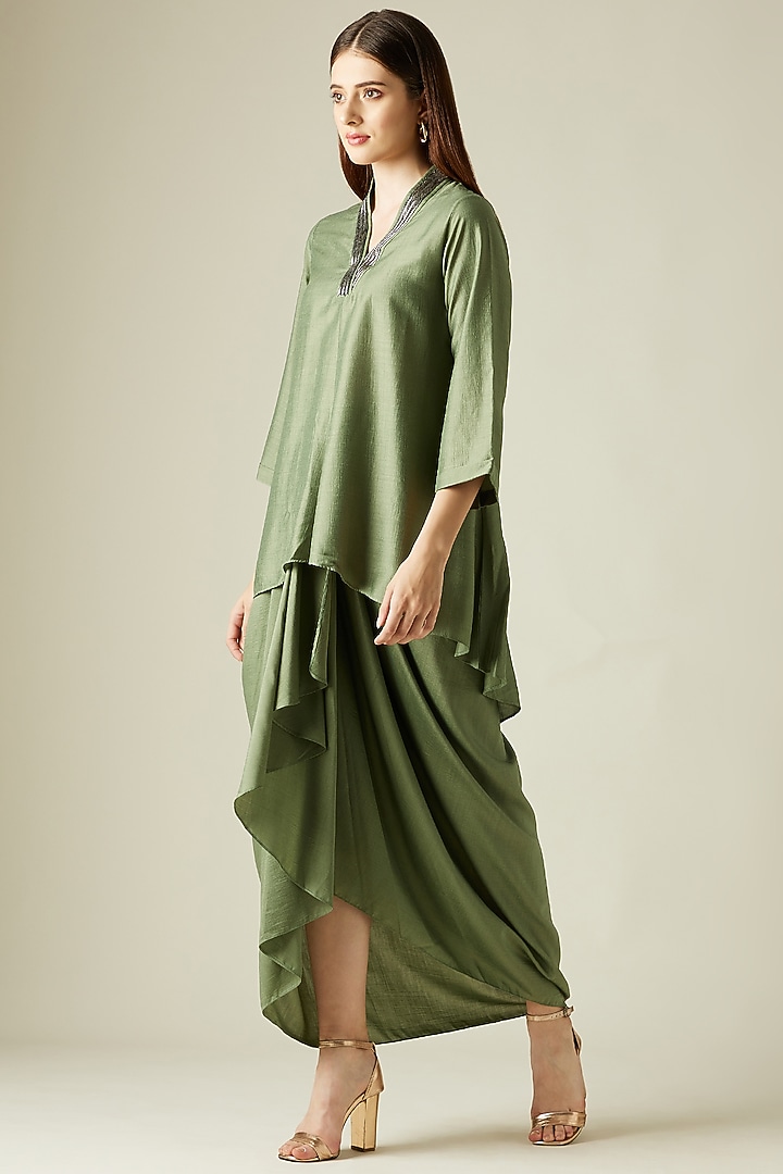 Fern Green Cotton Silk Skirt Set by Aakaar at Pernia's Pop Up Shop