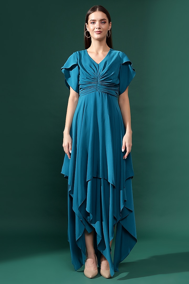 Blue Silk Crepe Draped Dress by Aakaar