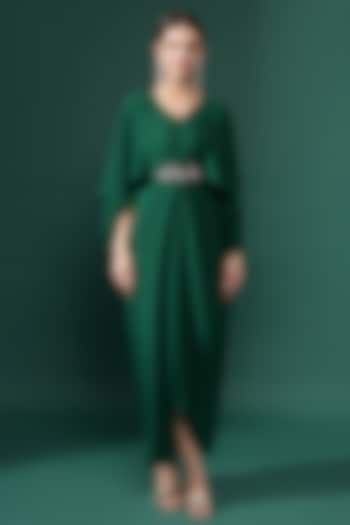 Bottle Green Silk Crepe Metallic Embellished Draped Dress by Aakaar