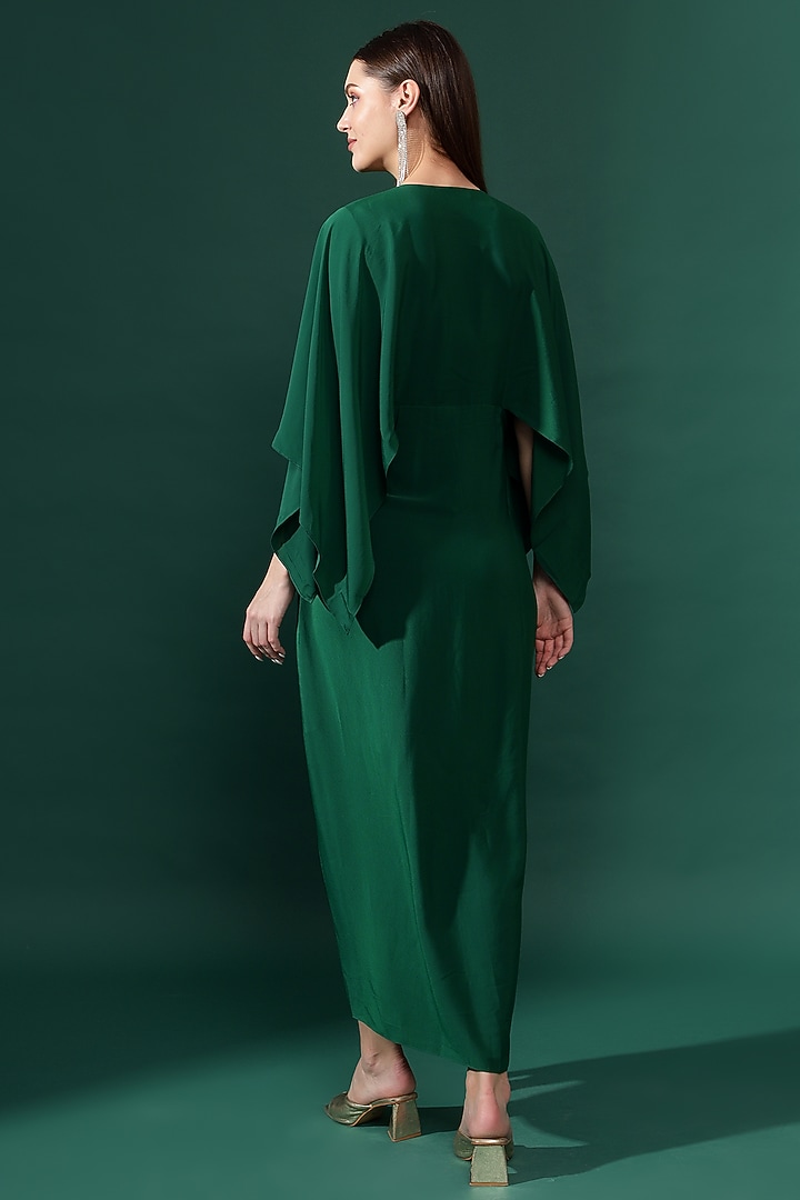 Bottle Green Silk Crepe Metallic Embellished Draped Summer Dress by Aakaar at Pernia's Pop Up Shop