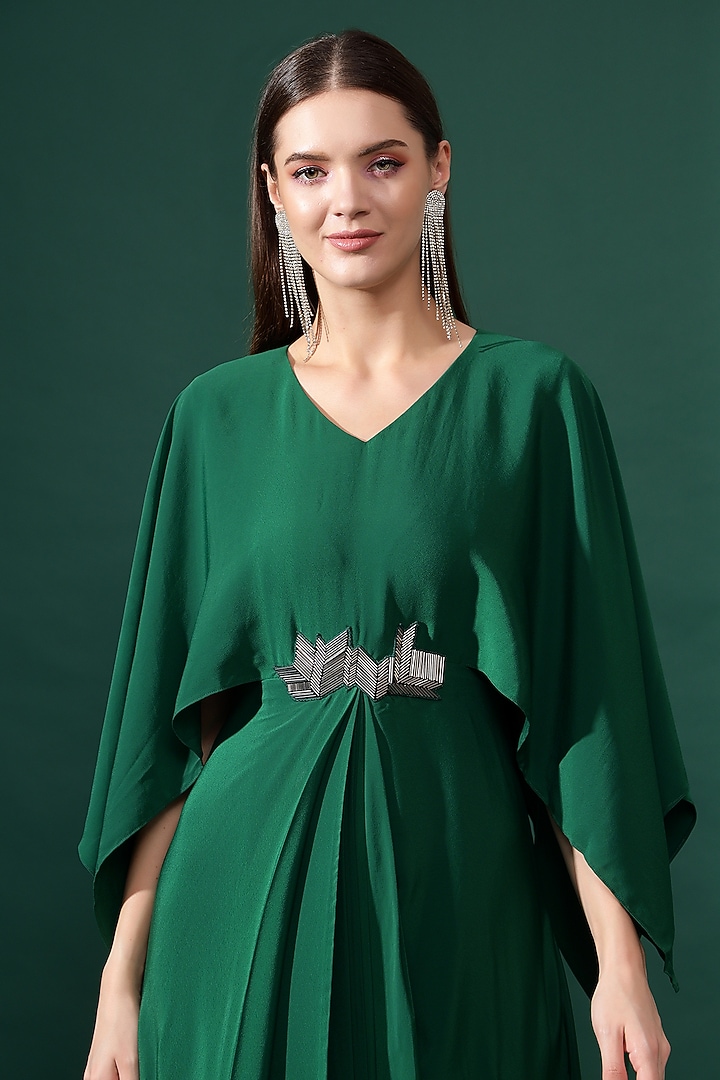 Bottle Green Silk Crepe Metallic Embellished Draped Summer Dress by Aakaar at Pernia's Pop Up Shop