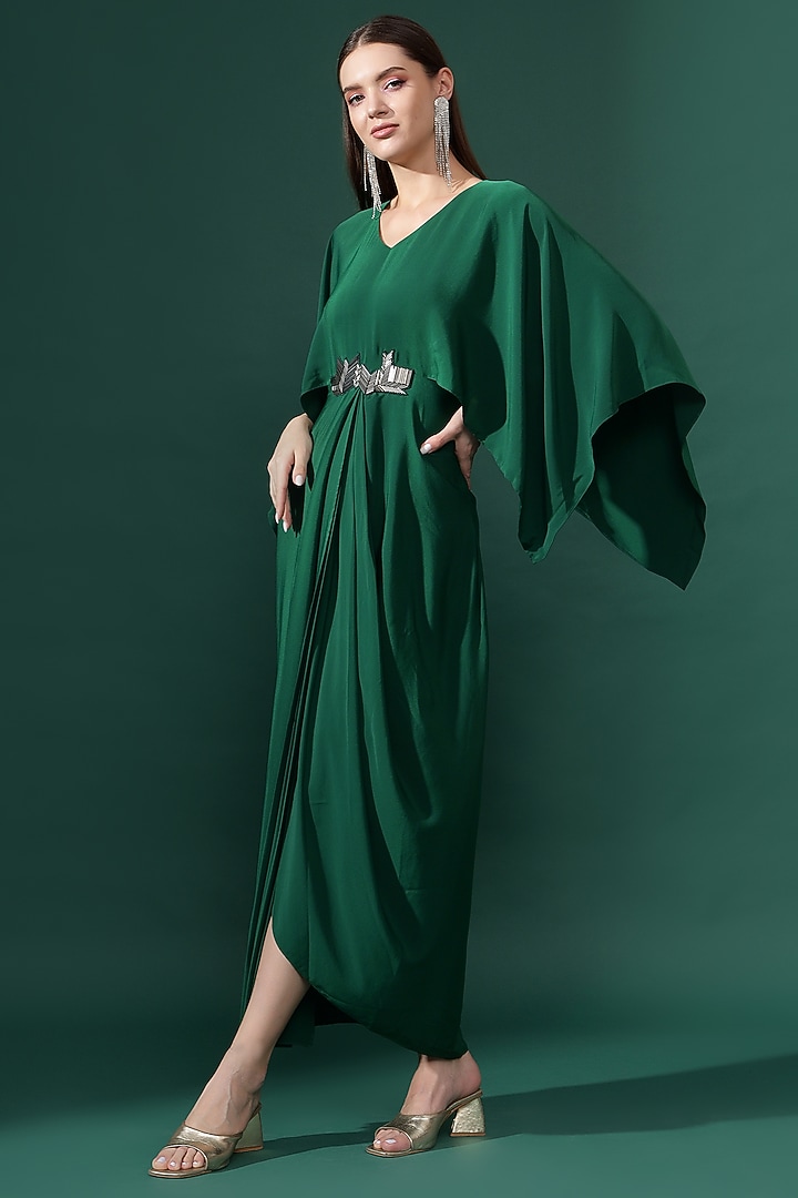 Bottle Green Silk Crepe Metallic Embellished Draped Summer Dress by Aakaar at Pernia's Pop Up Shop