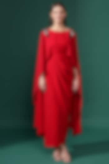 Red Moss Crepe Sequins Embellished Draped Dress by Aakaar