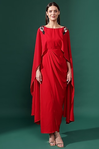 Red Moss Crepe Sequins Embellished Draped Dress by Aakaar