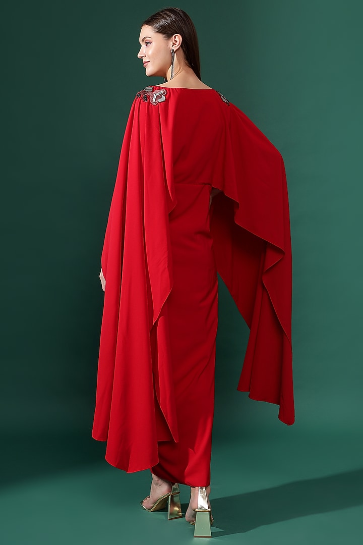Red Moss Crepe Sequins Embellished Draped Summer Dress by Aakaar at Pernia's Pop Up Shop
