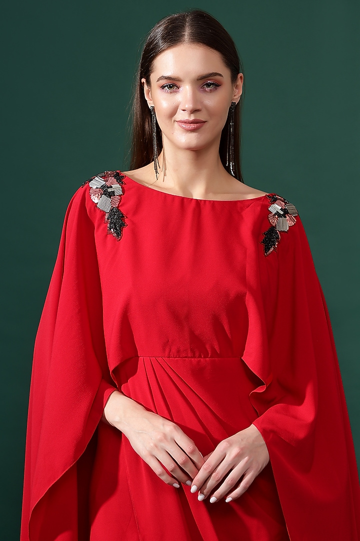 Red Moss Crepe Sequins Embellished Draped Summer Dress by Aakaar at Pernia's Pop Up Shop