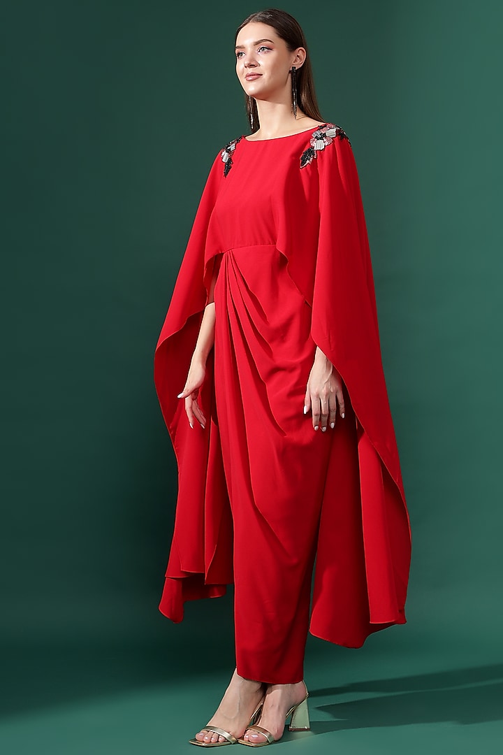 Red Moss Crepe Sequins Embellished Draped Summer Dress by Aakaar at Pernia's Pop Up Shop