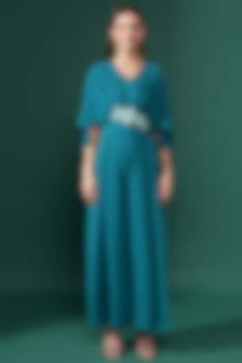 Blue Moss Crepe Sequins Embellished Pleated Jumpsuit by Aakaar at Pernia's Pop Up Shop
