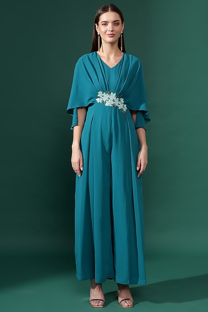 Blue Moss Crepe Sequins Embellished Pleated Jumpsuit by Aakaar at Pernia's Pop Up Shop