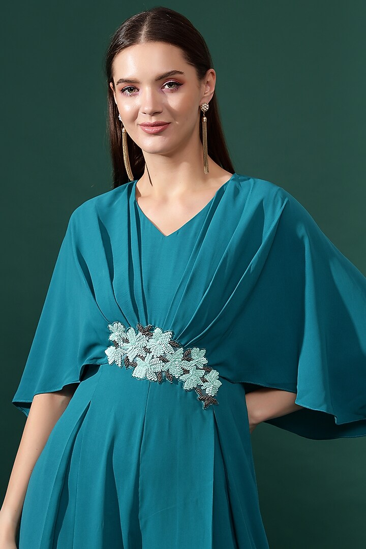 Blue Moss Crepe Sequins Embellished Pleated Jumpsuit by Aakaar at Pernia's Pop Up Shop