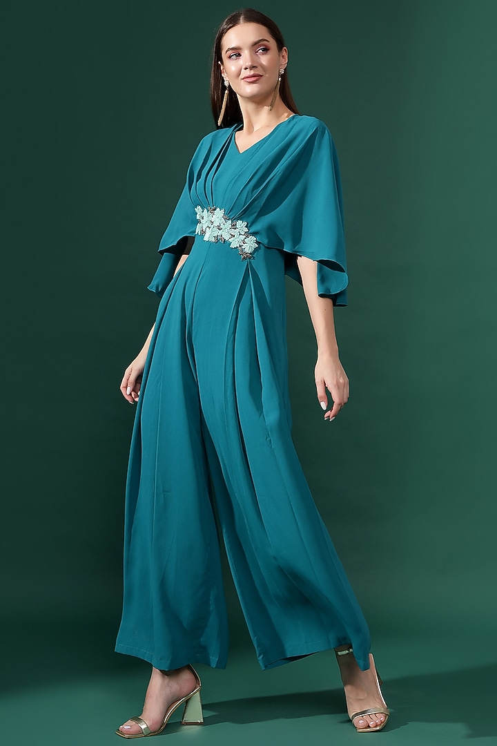 Blue Moss Crepe Sequins Embellished Pleated Jumpsuit by Aakaar at Pernia's Pop Up Shop