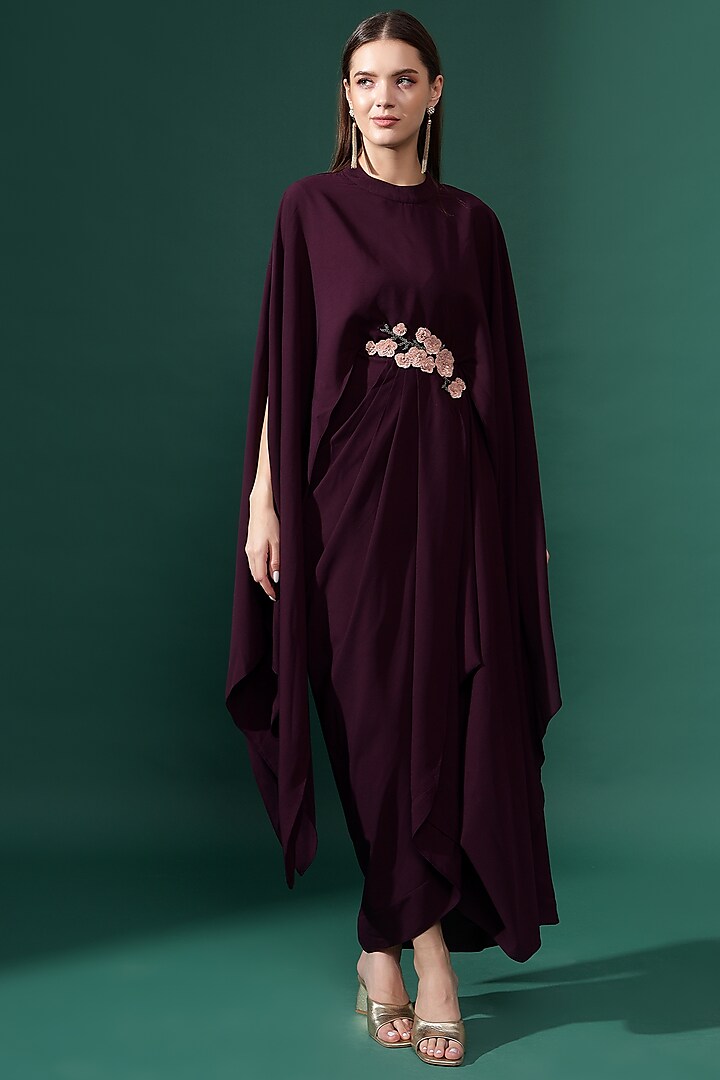 Purple Cotton Silk Floral Embroidered Gown by Aakaar
