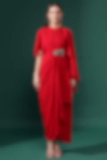 Red Moss Crepe Metallic Embellished Draped Dress by Aakaar