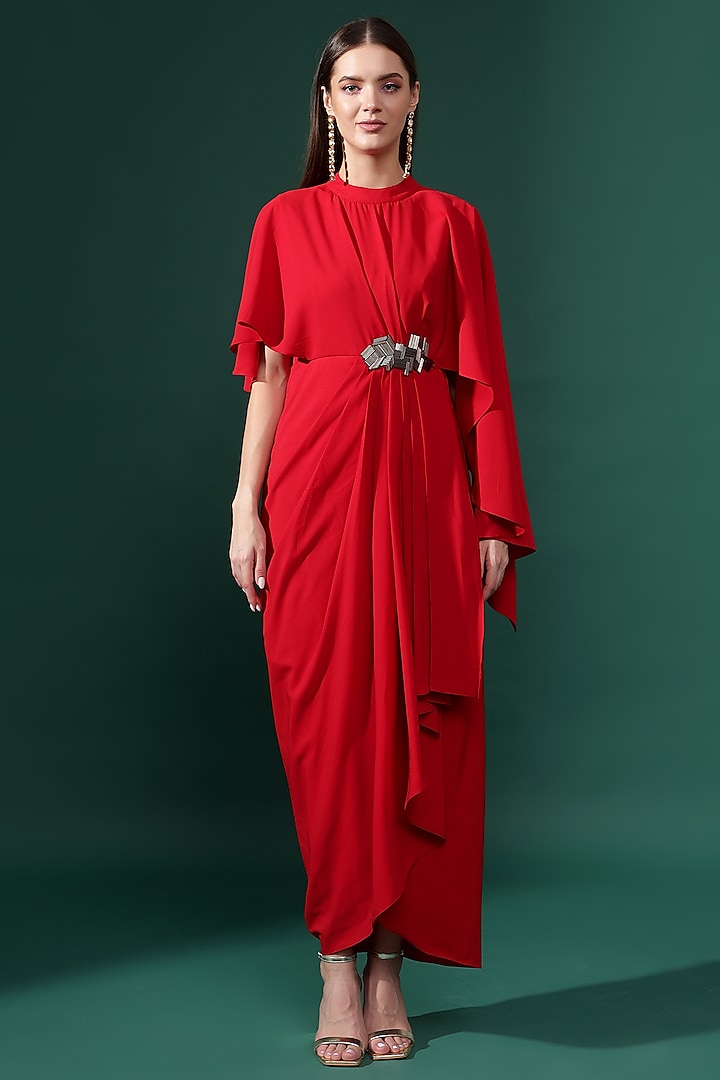 Red Moss Crepe Metallic Embellished Draped Dress by Aakaar
