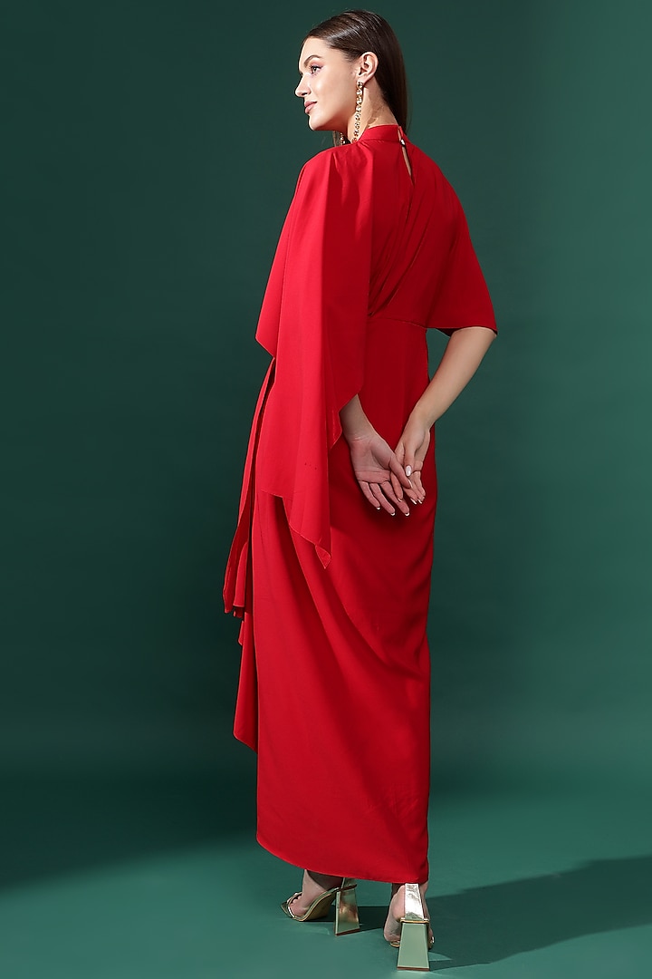 Red Moss Crepe Metallic Embellished Draped Summer Dress by Aakaar at Pernia's Pop Up Shop