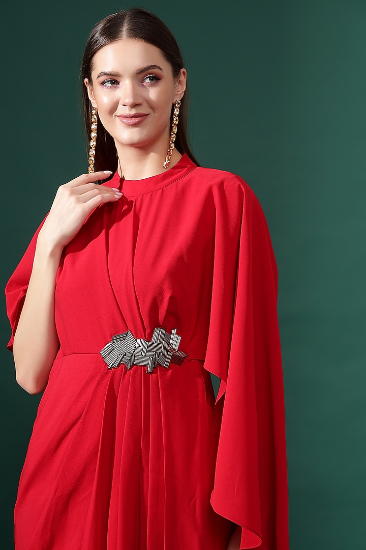 Red Moss Crepe Metallic Embellished Draped Summer Dress by Aakaar at Pernia's Pop Up Shop
