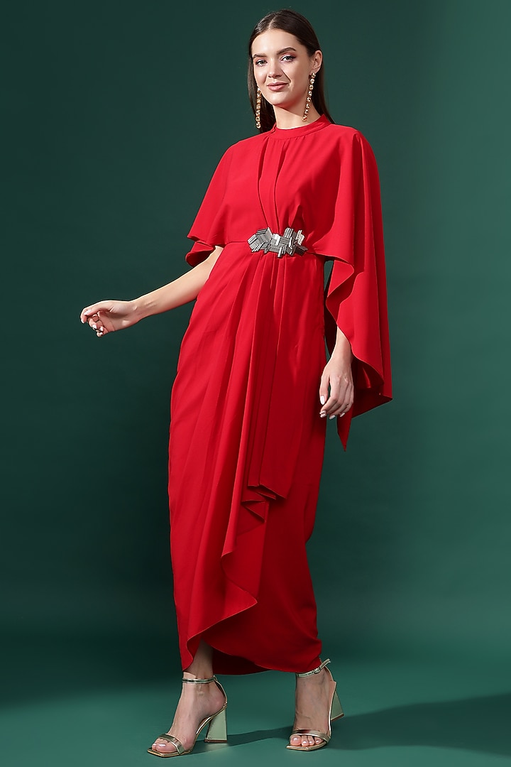 Red Moss Crepe Metallic Embellished Draped Summer Dress by Aakaar at Pernia's Pop Up Shop
