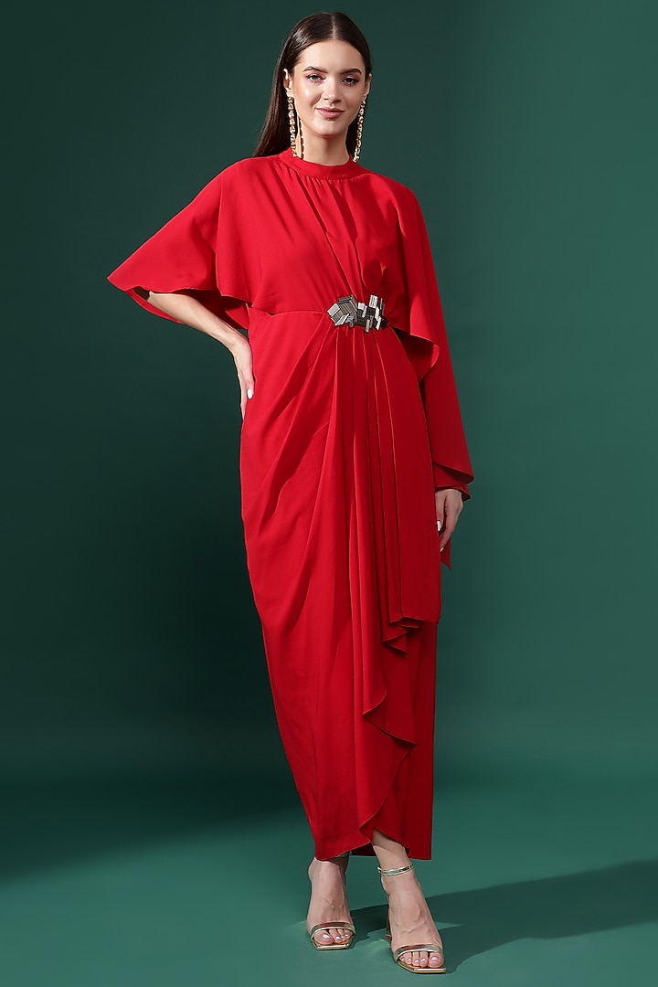 Red Moss Crepe Metallic Embellished Draped Summer Dress by Aakaar at Pernia's Pop Up Shop