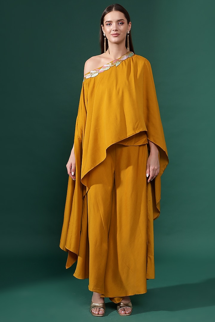 Yellow Cotton Silk Sequins Embellished Asymmetrical Tunic Set by Aakaar at Pernia's Pop Up Shop