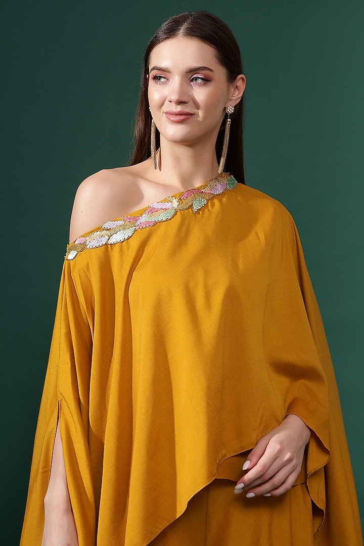 Yellow Cotton Silk Sequins Embellished Asymmetrical Tunic Set by Aakaar at Pernia's Pop Up Shop