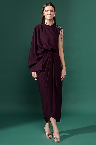 Purple Moss Crepe Crystal Embellished Draped Dress by Aakaar