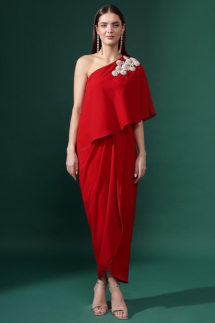 Red Moss Crepe Floral & Sequins Embellished One-Shoulder Dress by Aakaar