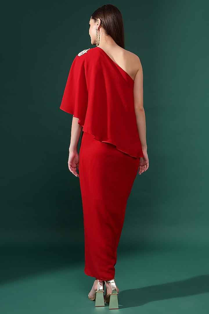 Red Moss Crepe Floral & Sequins Embellished One-Shoulder Summer Dress by Aakaar at Pernia's Pop Up Shop