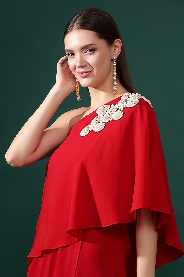 Red Moss Crepe Floral & Sequins Embellished One-Shoulder Summer Dress by Aakaar at Pernia's Pop Up Shop