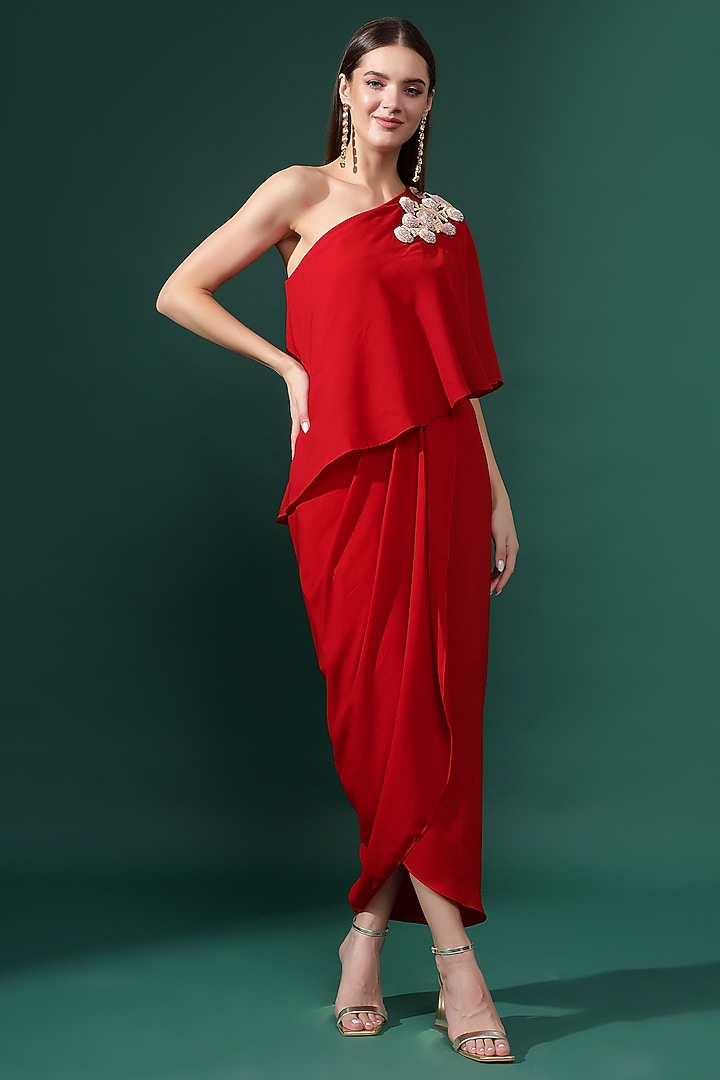 Red Moss Crepe Floral & Sequins Embellished One-Shoulder Summer Dress by Aakaar at Pernia's Pop Up Shop