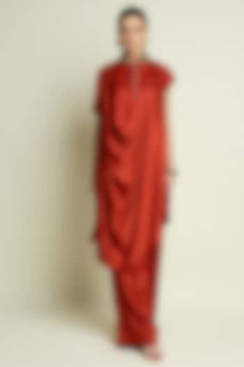 Rust Silk Embellished Draped Tunic Set by Aakaar at Pernia's Pop Up Shop