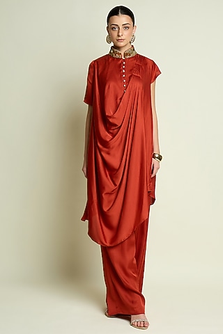 Rust Silk Embellished Draped Tunic Set by Aakaar