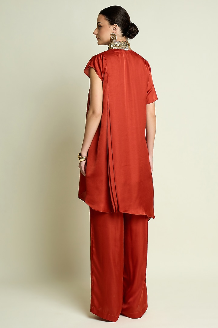 Rust Silk Embellished Draped Tunic Set by Aakaar at Pernia's Pop Up Shop