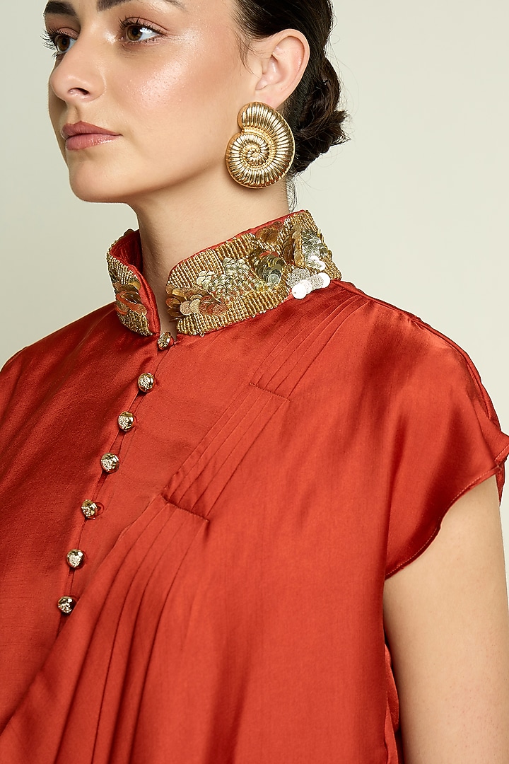 Rust Silk Embellished Draped Tunic Set by Aakaar at Pernia's Pop Up Shop