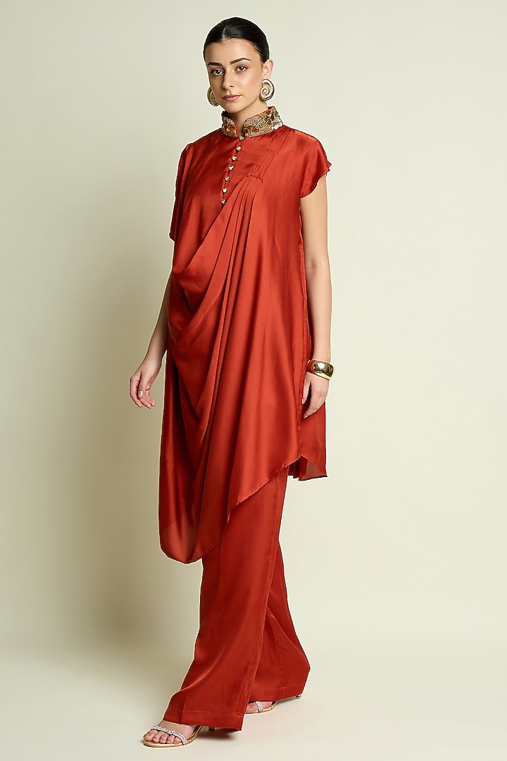 Rust Silk Embellished Draped Tunic Set by Aakaar at Pernia's Pop Up Shop