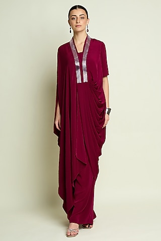 Ruby Silk Crepe Draped Tunic Set by Aakaar