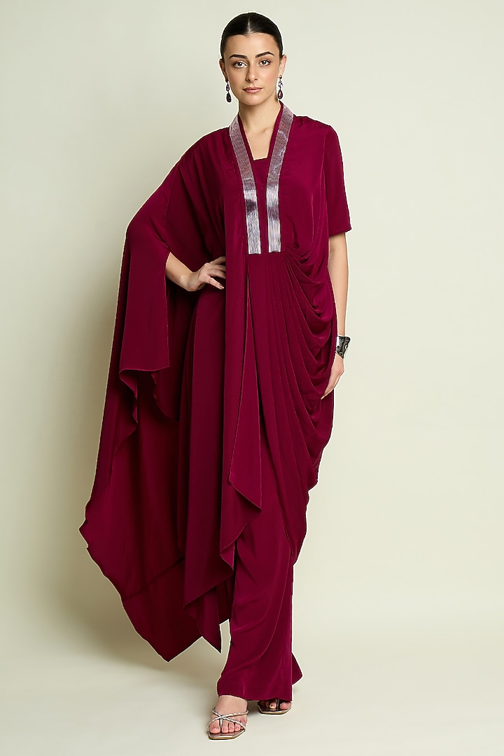 Ruby Silk Crepe Draped Tunic Set by Aakaar at Pernia's Pop Up Shop