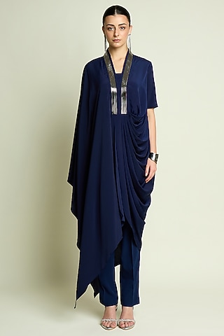 Navy Silk Crepe Draped Tunic Set by Aakaar