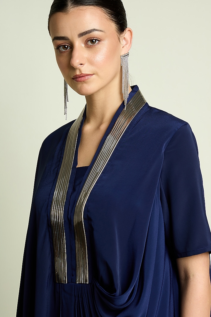 Navy Silk Crepe Draped Tunic Set by Aakaar at Pernia's Pop Up Shop