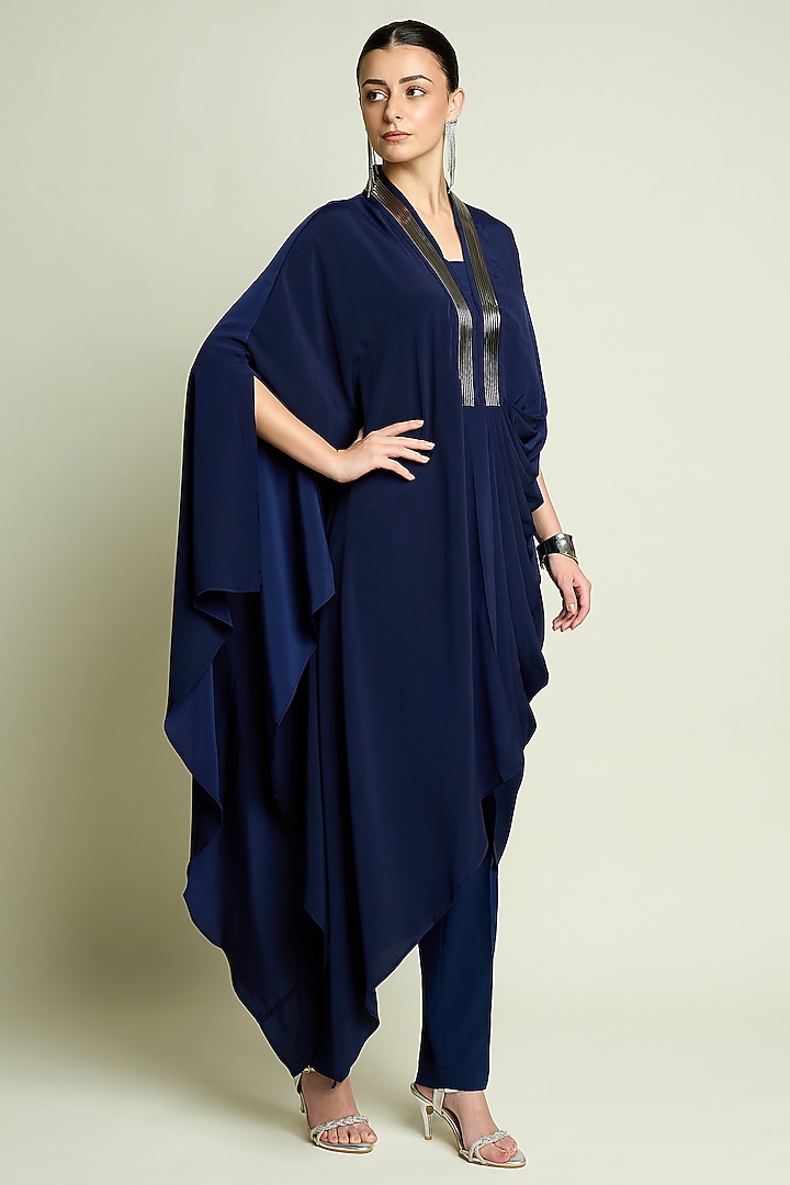 Navy Silk Crepe Draped Tunic Set by Aakaar at Pernia's Pop Up Shop