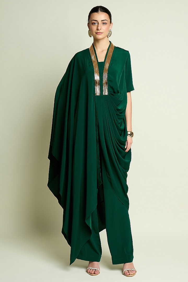 Emerald Silk Crepe Draped Tunic Set by Aakaar at Pernia's Pop Up Shop