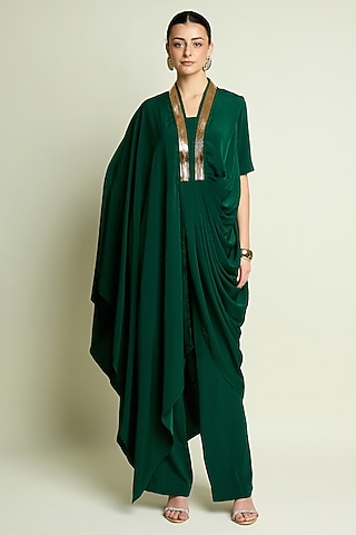 Emerald Silk Crepe Draped Tunic Set by Aakaar