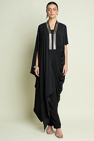 Black Silk Crepe Draped Tunic Set by Aakaar