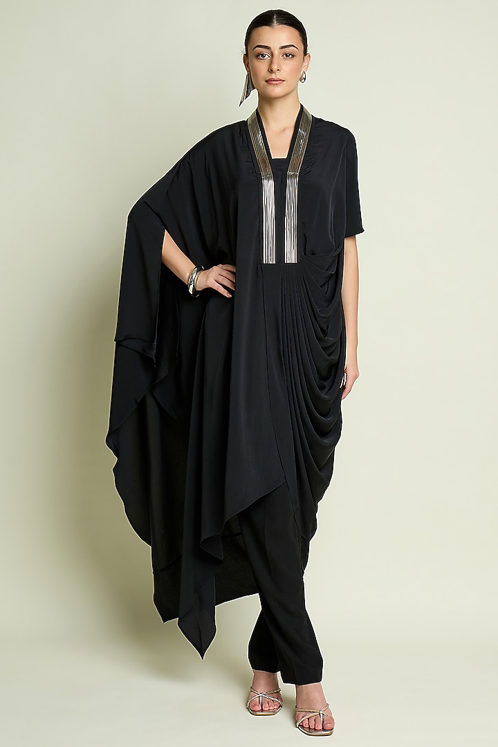 Black Silk Crepe Draped Tunic Set by Aakaar at Pernia's Pop Up Shop