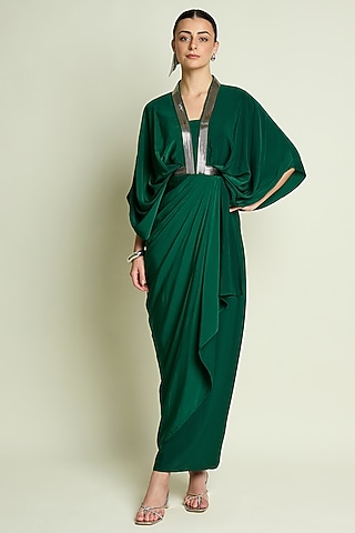 Emerald Silk Crepe Draped Dress by Aakaar